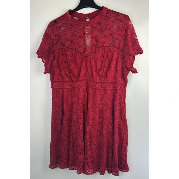 Torrid Mock Neck Fit & Flare Mini Dress Lace Jester Red Velvet Trim Plus Size 26 - Picture 2 of 16